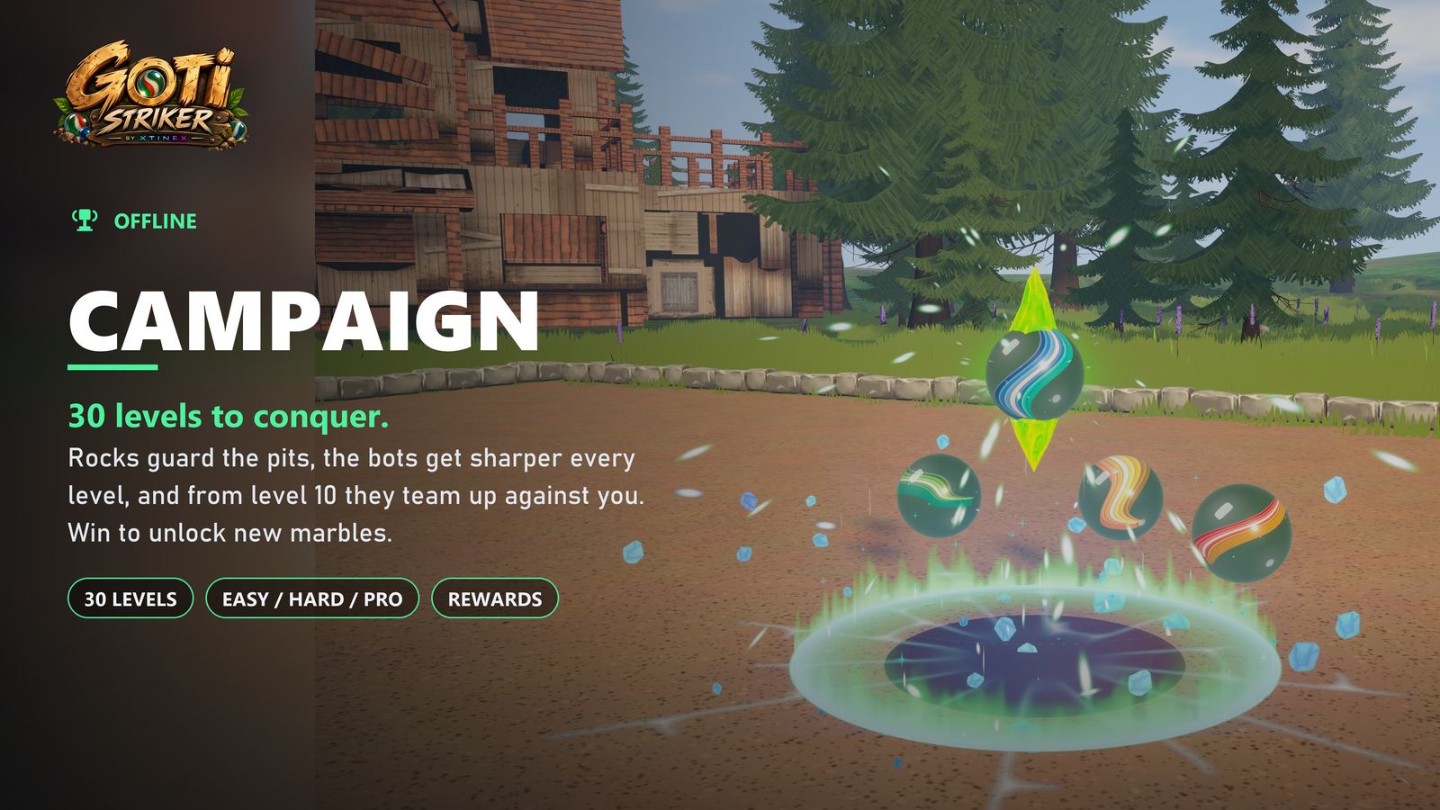 Campaign. 30 levels to conquer. Rocks guard the pits, bots get sharper, and from level 10 they team up. Win to unlock new marbles. Easy, Hard, Pro, rewards.